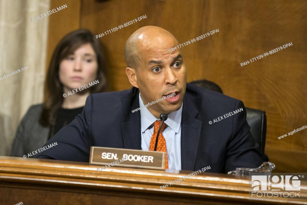Stock Photo: United States Senator Cory Booker (Democrat of New Jersey), asks Kathleen Hartnett White a question during her confirmation hearing to be a Member of the.