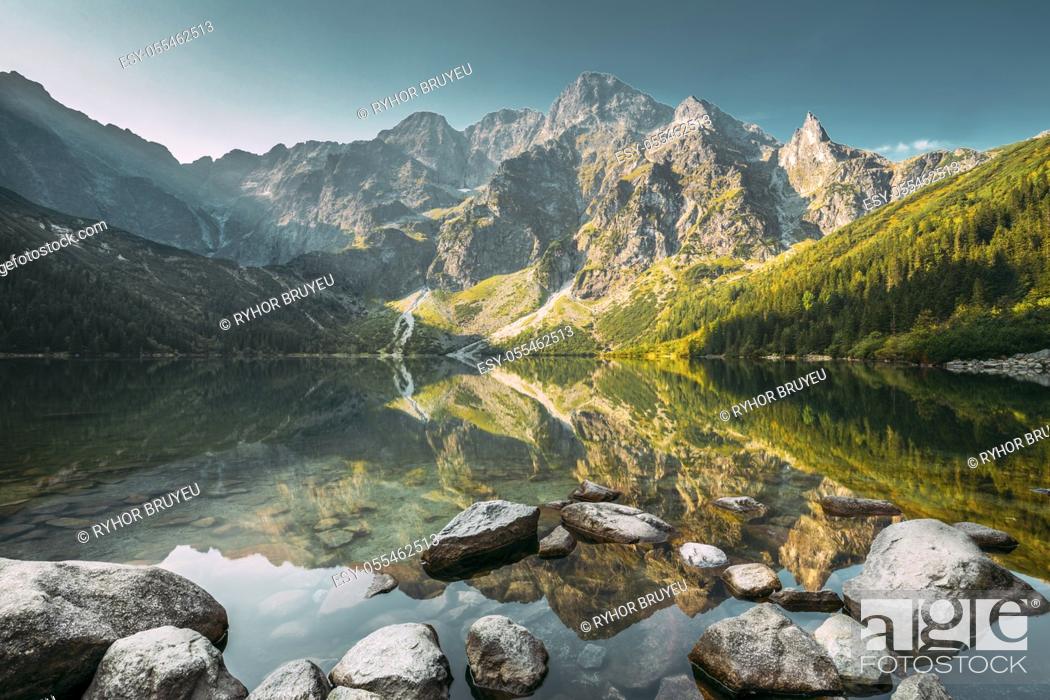 Stock Photo: Tatra National Park, Poland. Famous Mountains Lake Morskie Oko Or Sea Eye Lake In Summer Morning. Five Lakes Valley. Beautiful Scenic View.