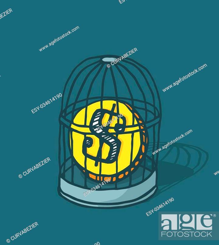 Stock Vector: Cartoon illustration of coin or money trapped in bird cage.