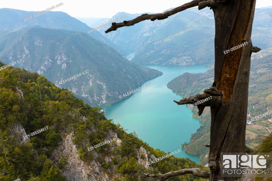 Stock Photo: Tara National Park, Serbia. Viewpoint Banjska Stena. View at Drina river canyon and lake Perucac.