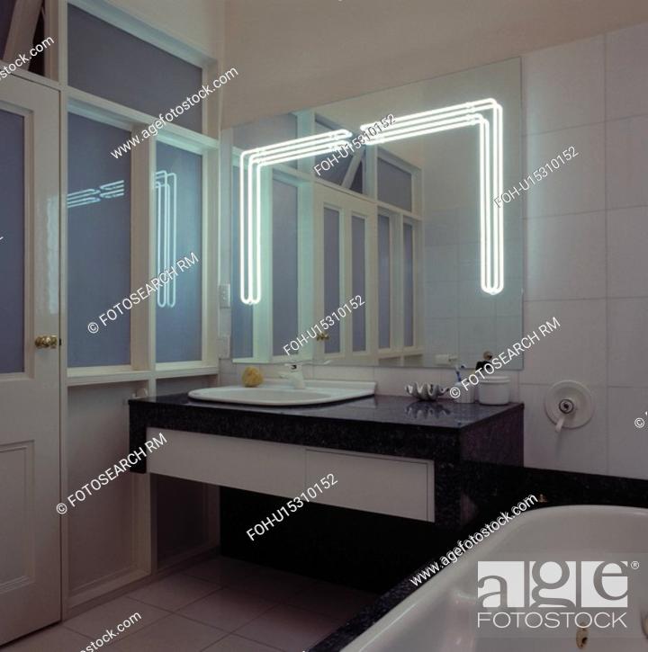 Vanity Unit In Modern White Bathroom, Bathroom Vanity Fluorescent Lights