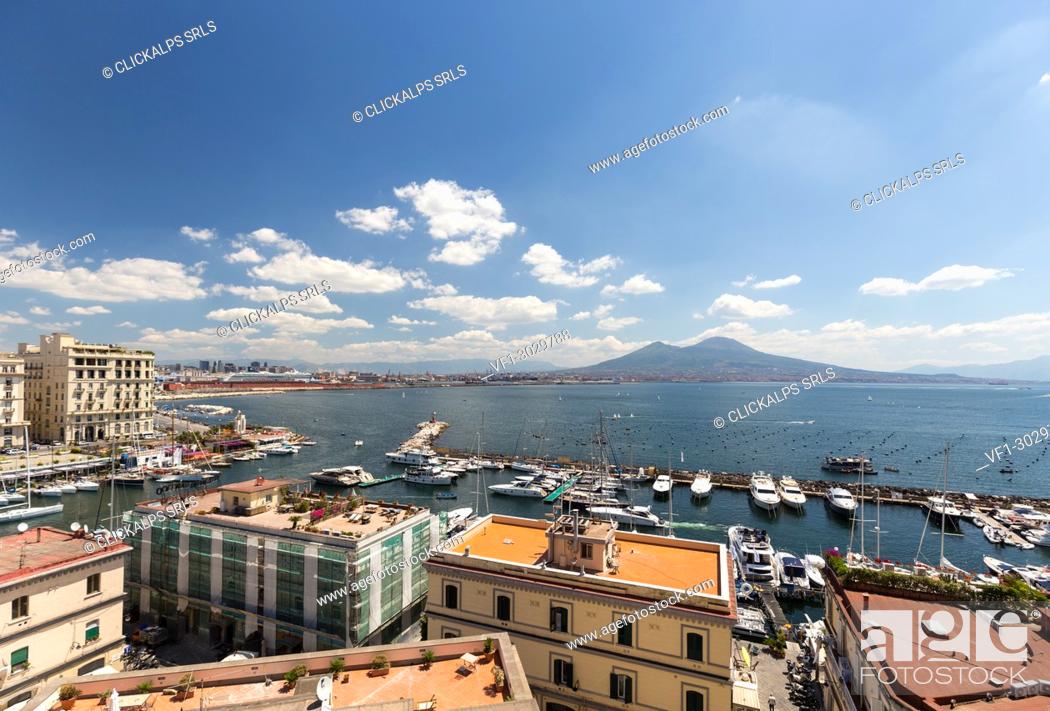 Stock Photo: Italy, Campania, Province of Naples, Naples. View on Naples and Mount Vesuvius from the panoramic terrace of Castel dell'Ovo.