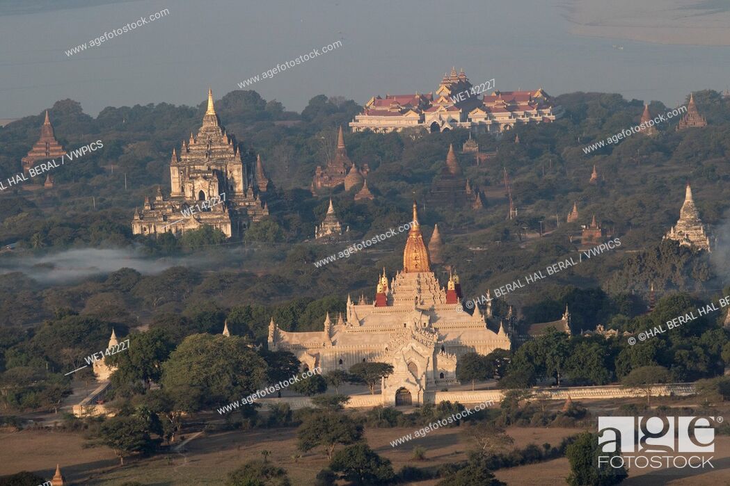 Stock Photo: Aerial view of pagodas and shrines in the Archeological Zone. Bagan, Myanmar.