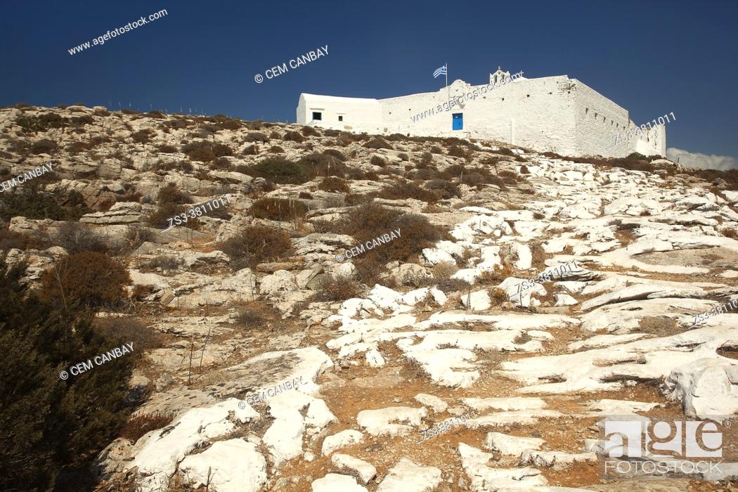 Stock Photo: View to the Zoodohos Pigi Monastery on the top of the hill at the upper side of the Kastro or Castle village , Sikinos Island, Cyclades Islands, Greek Islands.