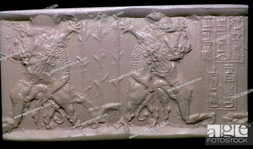 Stock Photo: Akkadian cylinder-seal impression of Gilgamesh and a Lion.