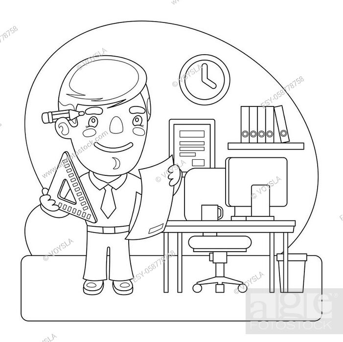 Cartoon engineer with blueprint in the office near the table, Stock Vector,  Vector And Low Budget Royalty Free Image. Pic. ESY-058778758 | agefotostock