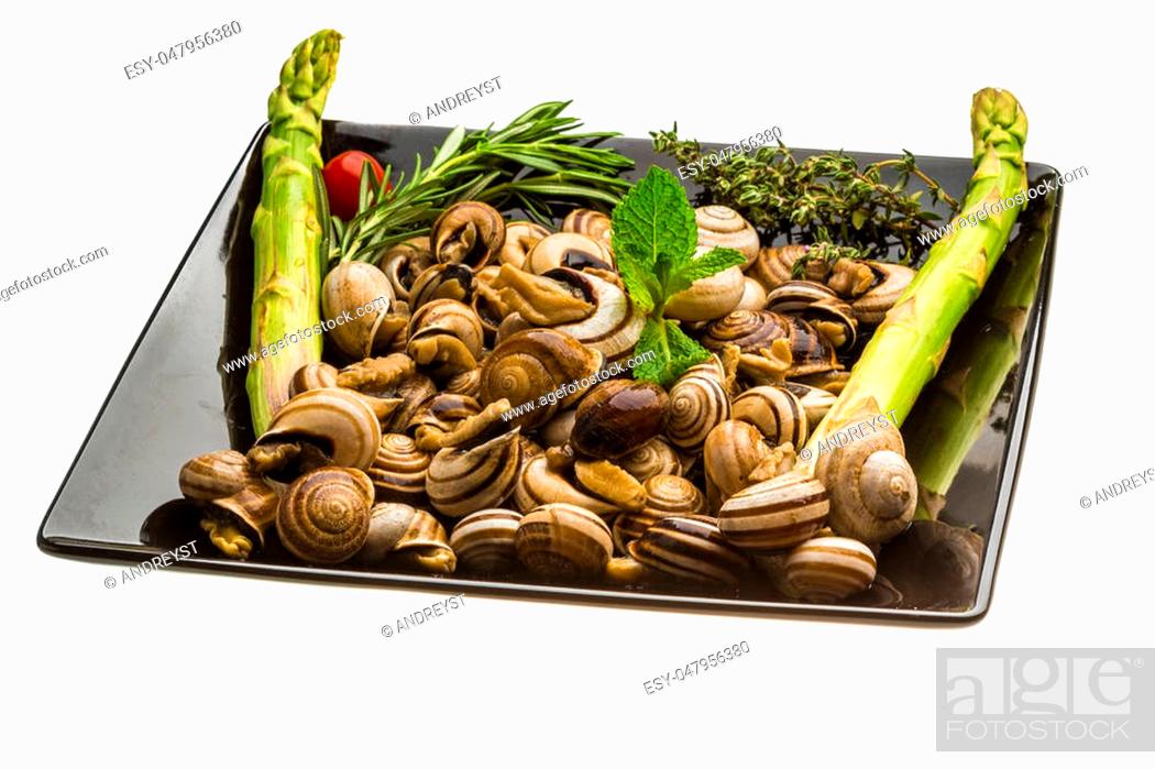 Stock Photo: Escargot with asparagus, rosemary, thymus and tomato.