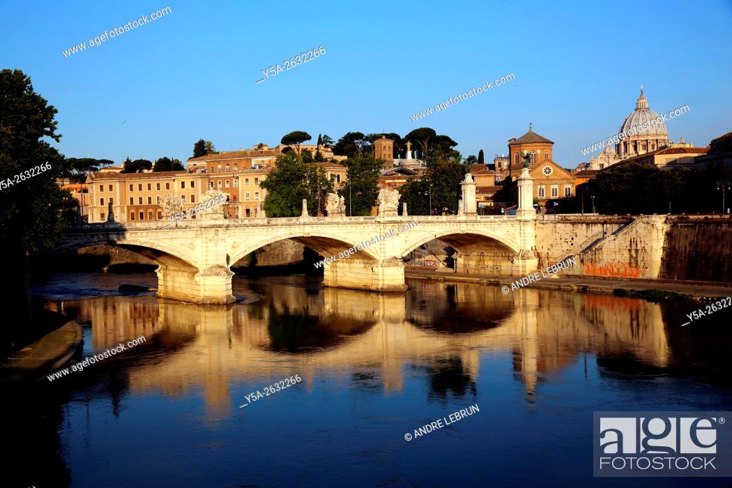 Stock Photo: Italy. Rome. Looking across the Tiber River and Ponte Vittorio Emanuele to Vatican City.