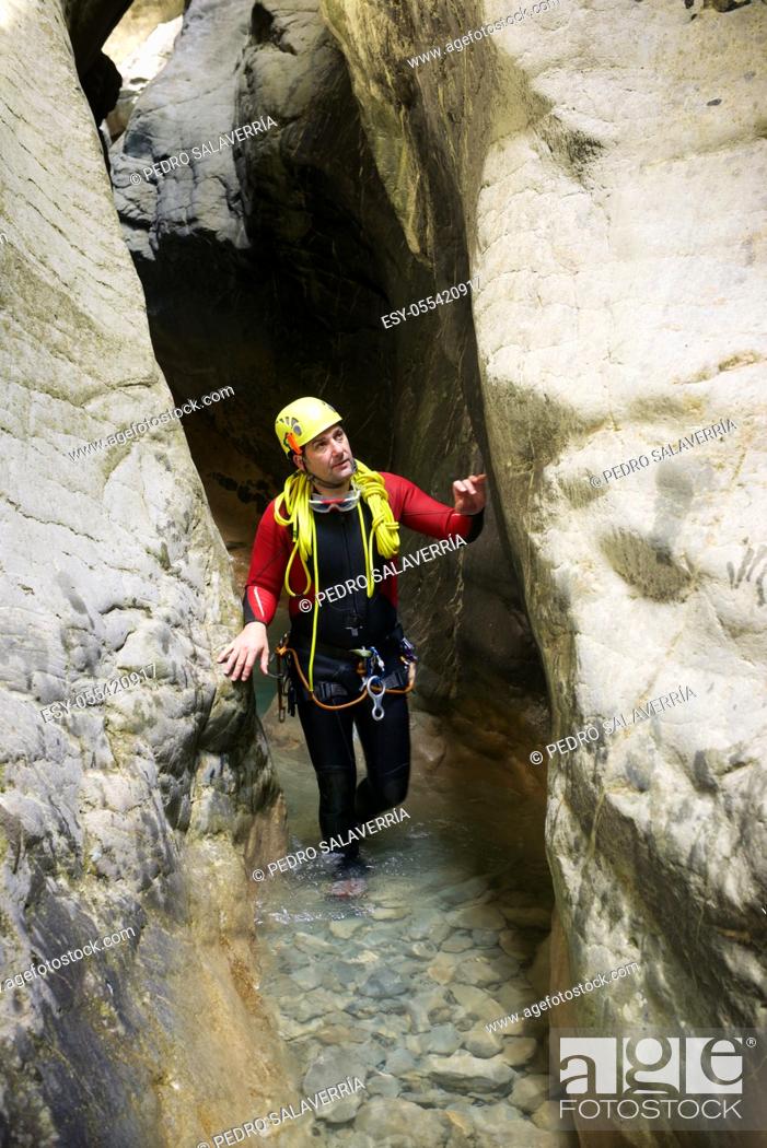 Stock Photo: Canyoneering in Pyrenees, Huesca Province in Spain.