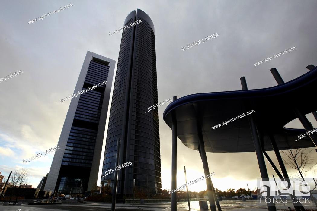 Stock Photo: Repsol Tower and Eurostars Madrid Tower Hotel, CTBA, Cuatro Torres Business Area, Madrid, Spain.