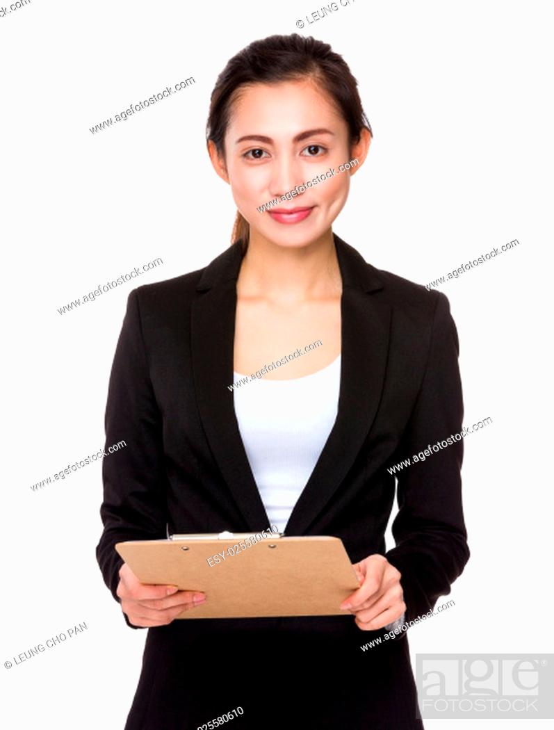 Stock Photo: Businesswoman hold with clipboard.