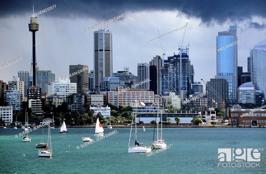 Stock Photo: Australia, New South Wales, Sydney, Cruise in Sydney Cove Bay, the port and the city in the background and Skyline.