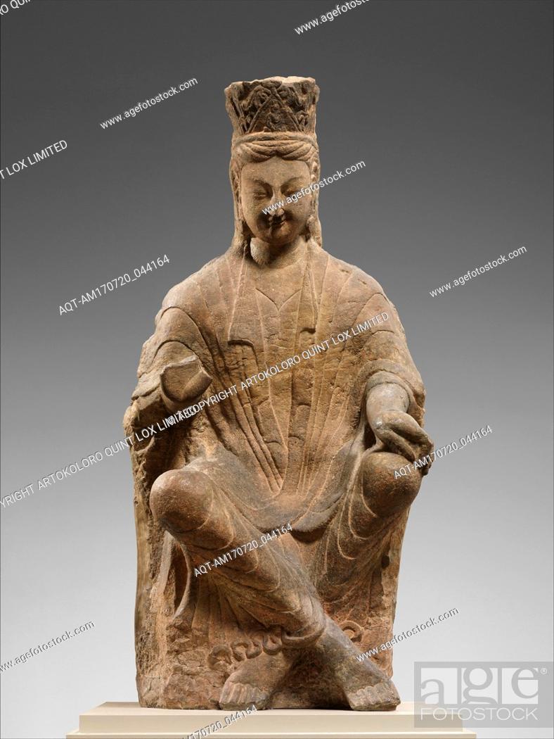 Stock Photo: åŒ—é­ äº‘å'—ç¬¬25çªŸ å½©ç¹ªçŸ³é›•äº¤è…³è©è–©åƒï¼ˆç ‚å²©ï¼‰, Bodhisattva with Crossed Ankles, probably Avalokiteshvara (Guanyin).