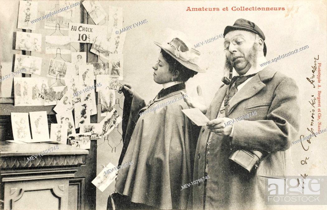 Stock Photo: A fabulous French postcard depicting two postcard collectors.