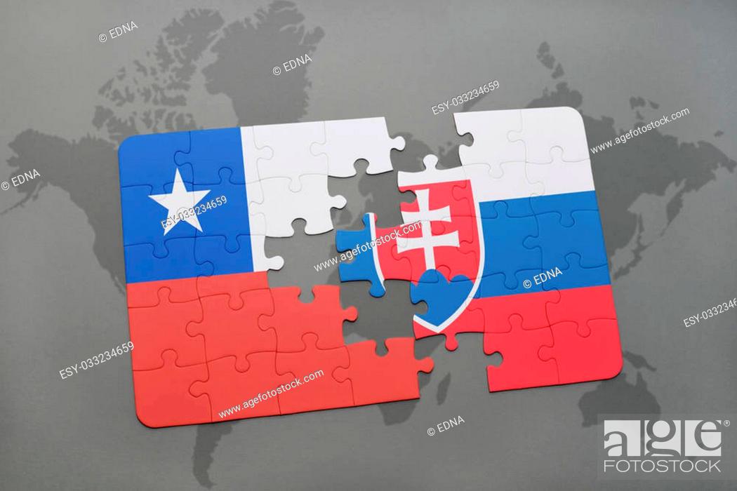Photo de stock: puzzle with the national flag of chile and slovakia on a world map background. 3D illustration.