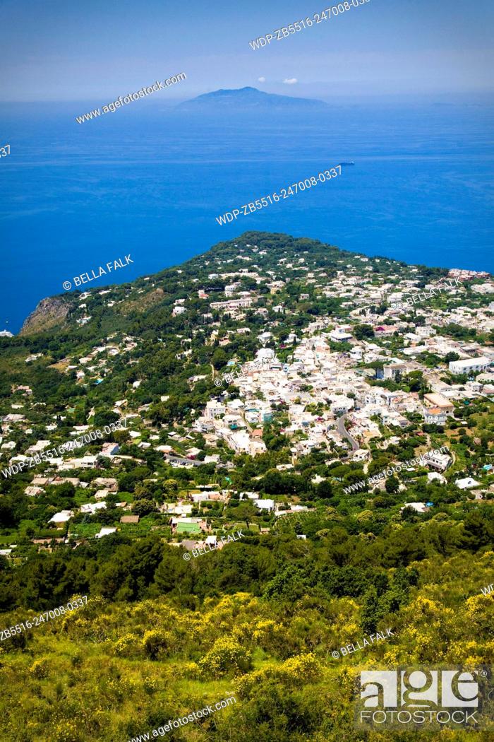 Stock Photo: View from the top of Monte Solaro, Capri, with the Bay of Naples and Vesuvius behind, Italy.