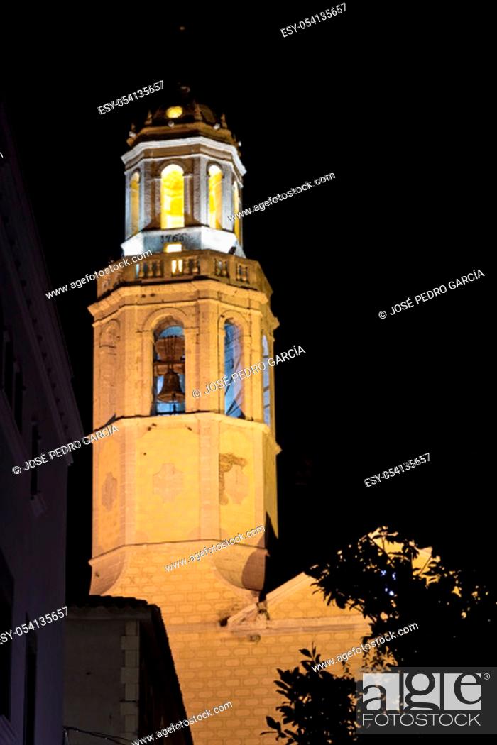 Stock Photo: Night view of the illuminated of Santa Maria baroque church in Cubelles, Barcelona, Catalonia, Spain.