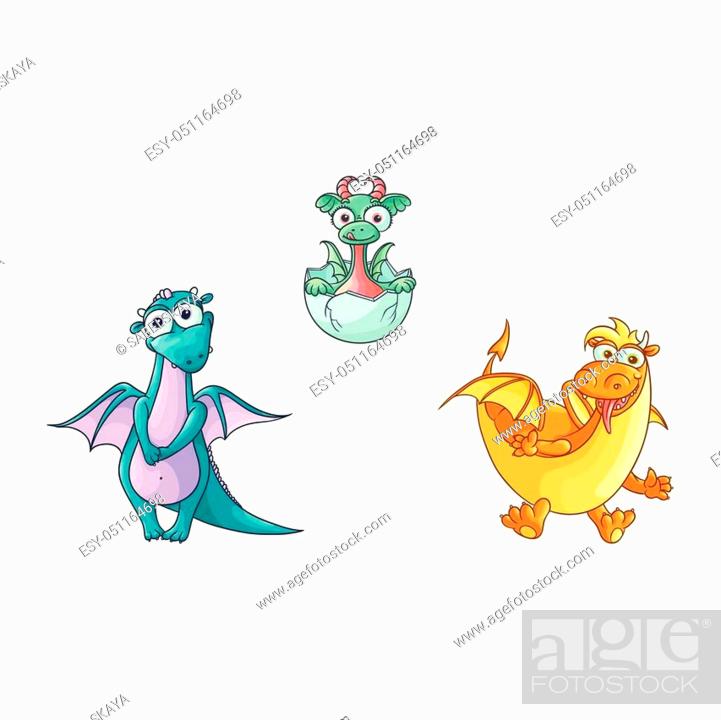 vector flat cartoon funny blue female and red adult, mature dragons with  horns and wings and baby..., Vecteur de Stock, Vecteur et Image Low Budget  Royalty Free. Photo ESY-051164698 | agefotostock