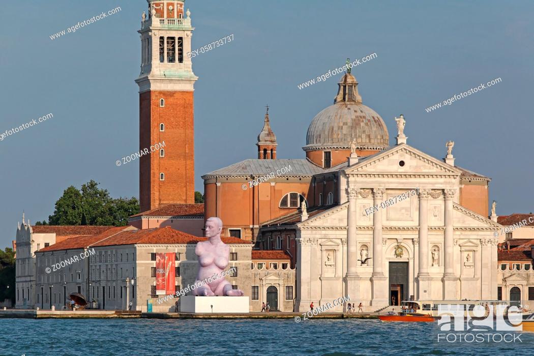 Stock Photo: Venice, Italy - July 08, 2013: Modern Art Sculpture in Front of Church at Island San Giorgio Maggiore in Venice, Italy.