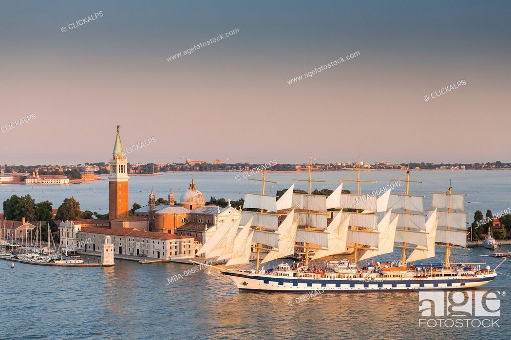 Stock Photo: Venice, Veneto, Italy. Sailing ship in St Mark's Basin, in the background San Giorgio Maggiore and Lido Venice.