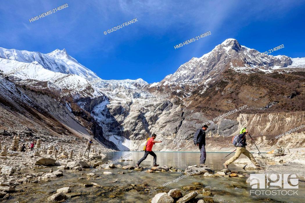 Stock Photo: Nepal, Gandaki zone, Manaslu Circuit, between Samagaon and Samdo, lake Birendra (alt.3450m) at the bottom of the Manaslu glacier, the Mount Manaslu (alt.