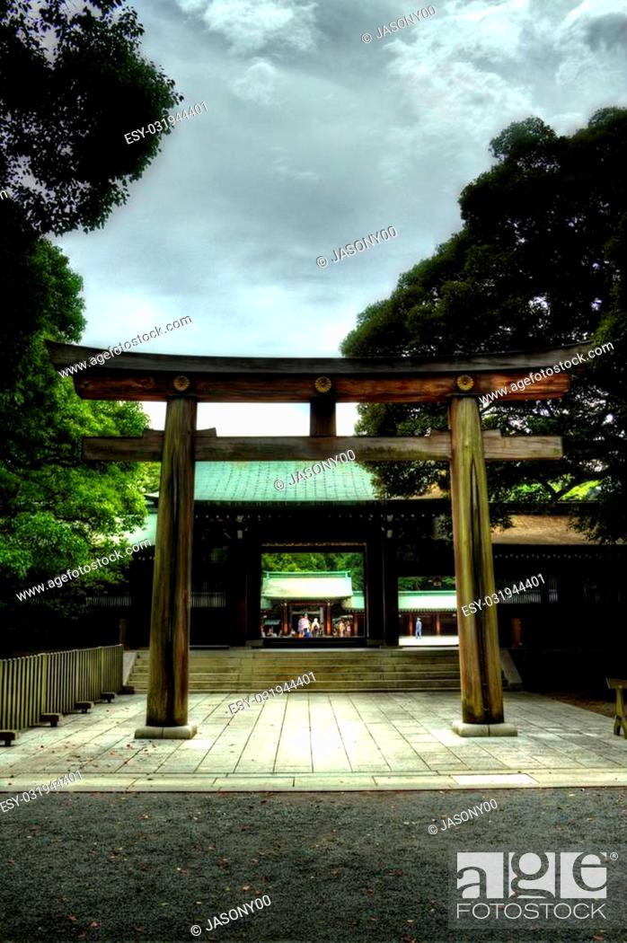 Stock Photo: A Torii gate leading into a Shrine in Tokyo.