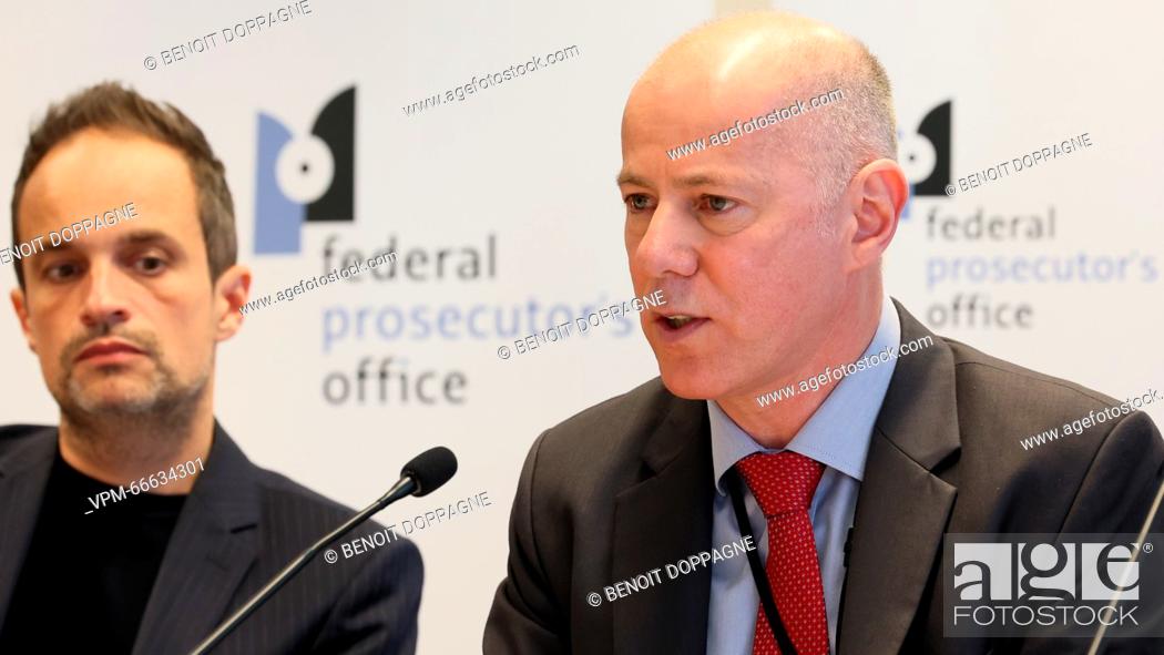 Stock Photo: Federal prosecuto's office communication director Eric Van Duyse pictured at a press conference, in Brussels, regarding a large-scale European operation which.