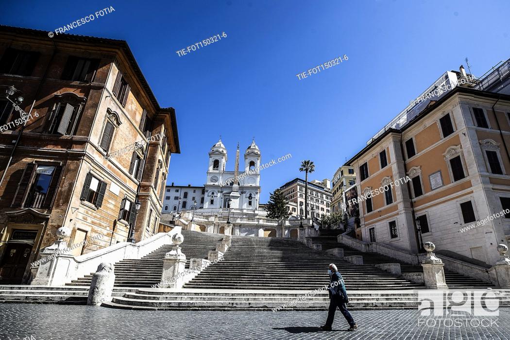 Stock Photo: View of Piazza di Spagna steps on the first day with the restrictions of the red zone for the fight against the Covid-19 pandemic , Rome, ITALY-15-03-2021.