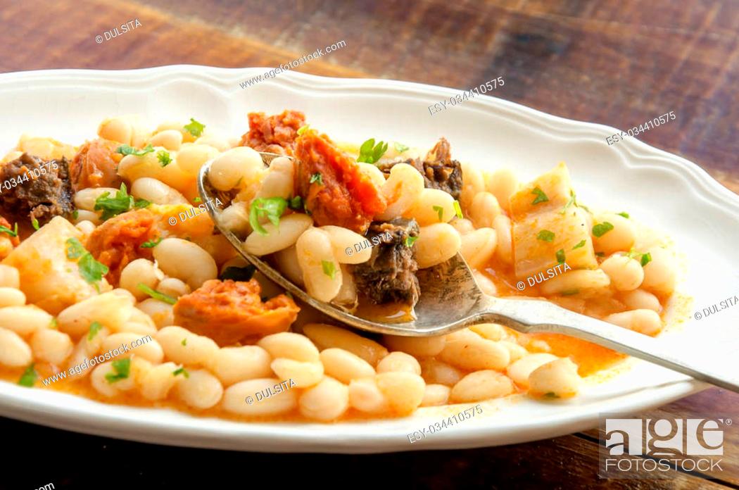 Stock Photo: Beans with chorizo and morcilla.