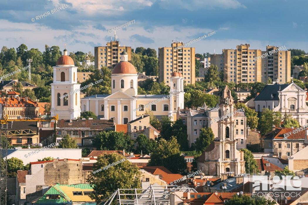 Stock Photo: Vilnius, Lithuania. Aerial View Of Bastion Of Vilnius City Wall And Orthodox Church Of The Holy Spirit In Summer Day. Vilnius Old Town Is Part Of UNESCO World.