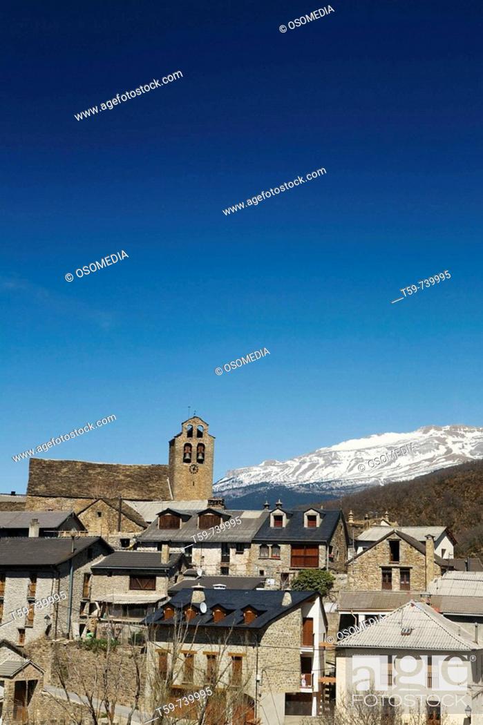 Stock Photo: Castiello de Jaca and Pyrenees Mountains in background. Huesca province, Aragon, Spain.