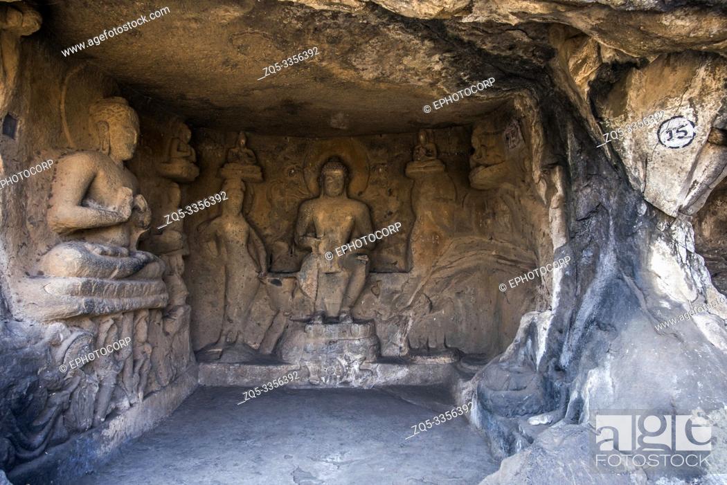 Stock Photo: Cave 15, Closer view-showing Buddha in Pralambapadasana, Nasik, Maharashtra.