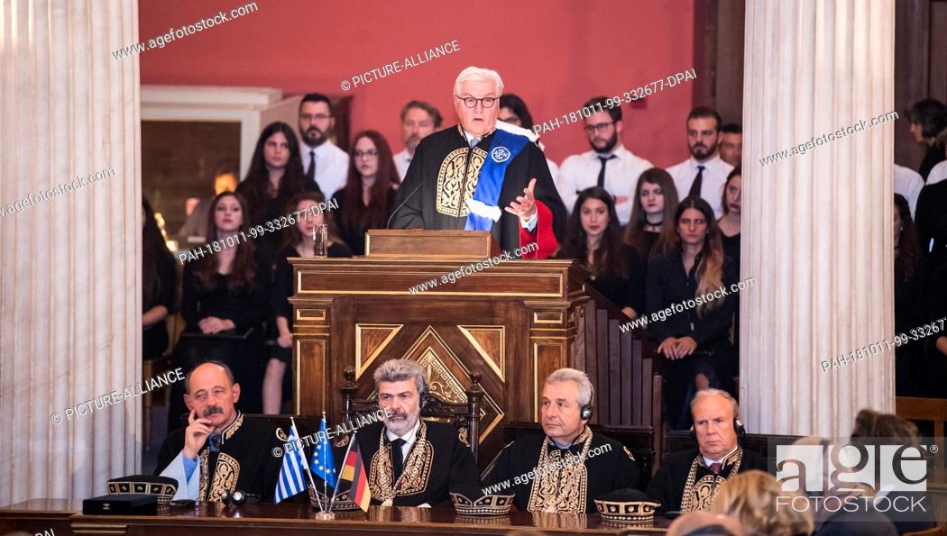 Stock Photo: 11 October 2018, Greece, Athens: Federal President Frank-Walter Steinmeier will speak at the University of Athens, where he was awarded an honorary doctorate.