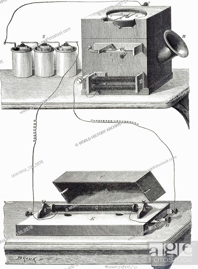 Stock Photo: An engraving depicting Johann Philipp Reis's ""musical"" telephone: Transmitter (left) and receiver. Johann Philipp Reis (1834-1874) a German scientist.