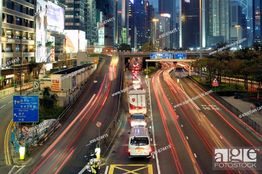 Stock Photo: Busy street at early evenening at Causeway Bay, Central, Hong Kong Island, Hong Kong, China, Southeast Asia.