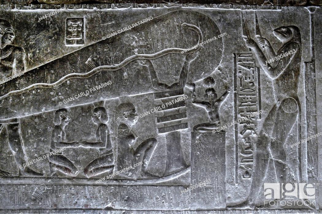 Stock Photo: Dendera Egypt, ptolemaic temple dedicated to the goddess Hathor. Carvings on internal wall. The lamp.