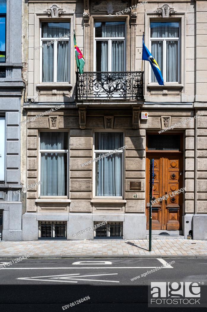 Stock Photo: Ixelles, Brussels Capital Region, Belgium - 07 03 2022 - Facade of the embassy for the eastern caribbean states.