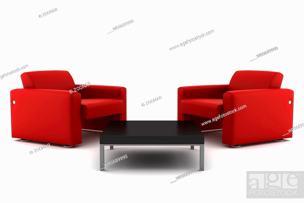 Stock Photo: two red armchairs with table isolated on white.