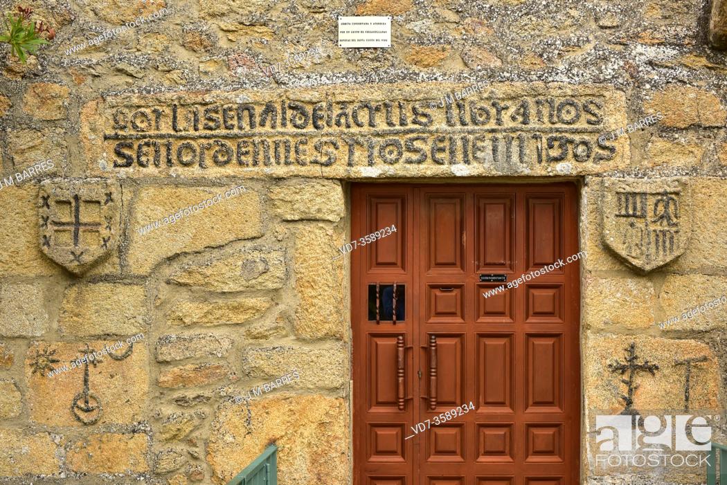 Stock Photo: Fermoselle, Santa Cruz hermitage. Facade with engravings. Arribes del Duero Natural Park, Zamora province, Castilla y Leon, Spain.