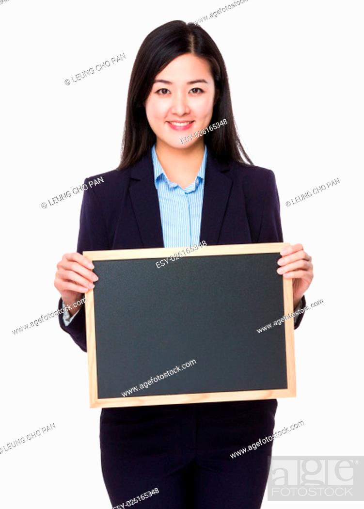 Stock Photo: Young businesswoman show with chalkboard.
