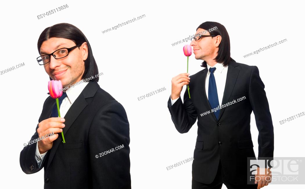 Stock Photo: Handsome businessman with flower isolated on white.