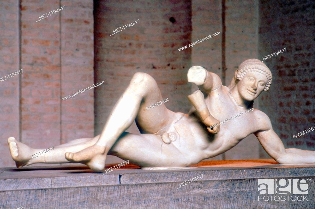Stock Photo: Fallen warrior from the West Pediment of the Temple of Aphaia, Aegina, Greece, c500 480 BC. Reconstruction of part of the West Pediment of the Temple of Aphaia.