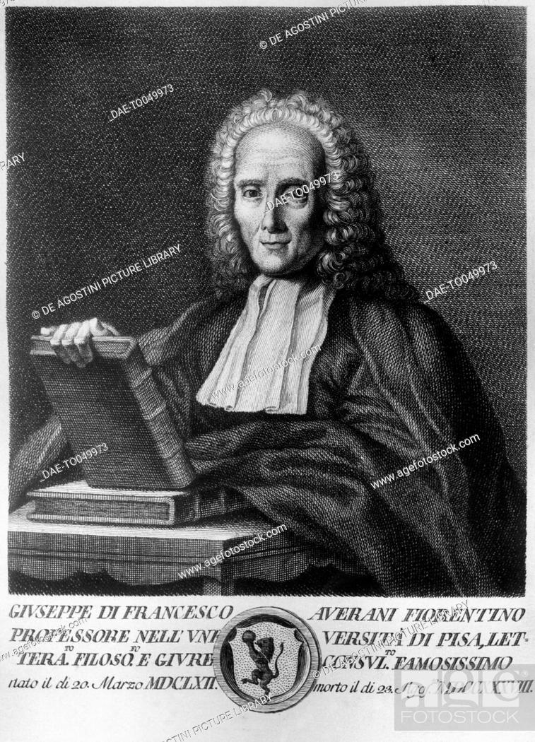 Stock Photo: Portrait of Giuseppe Averani, known as Averanus (1662-1738), Italian jurist and naturalist, etching from Serie di ritratti d 'uomini illustri toscani.