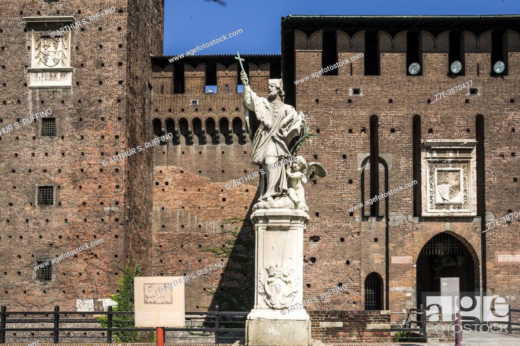 Stock Photo: Statue of St. John of Nepomuk ( San Giovanni Nepomuceno). Sforza Castle (Castello Sforzesco). Milan, Lombardy, Italy, Europe.