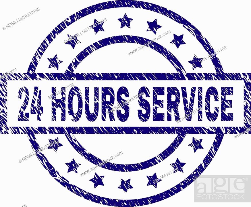 Vector: 24 HOURS SERVICE stamp seal watermark with distress texture. Designed with rectangle, circles and stars. Blue vector rubber print of 24 HOURS SERVICE title with.