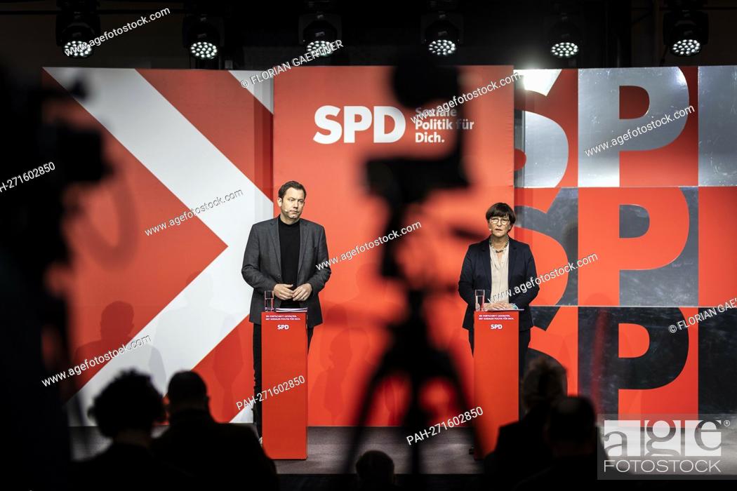 Stock Photo: (LR) Lars Klingbeil, SPD party leader, and Saskia Esken, SPD party leader, taken during a press conference after the SPD's annual meeting in Berlin, January 22.