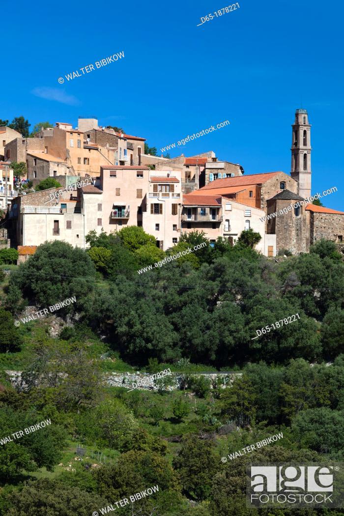 Stock Photo: France, Corsica, Haute-Corse Department, La Balagne Region, Occhiatana, elevated town view.