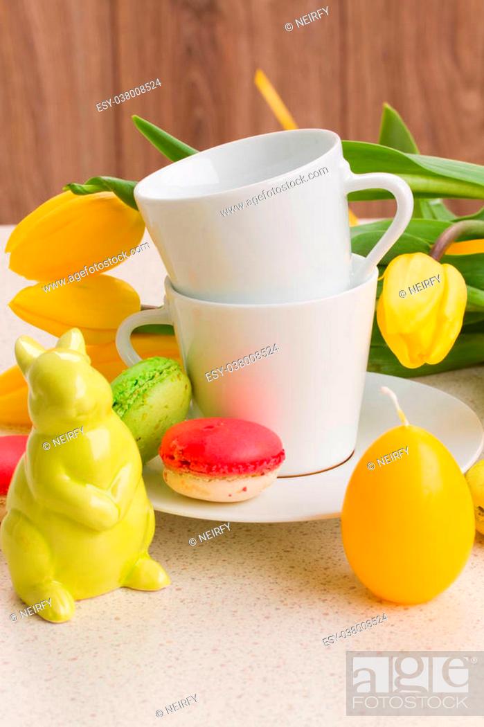 Stock Photo: easter breakfast concept, white cups with holiday decorations.