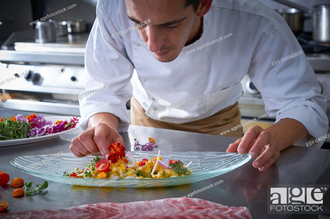 Stock Photo: Chef garnishing flower in ceviche dish with hands at stainless steel kitchen.