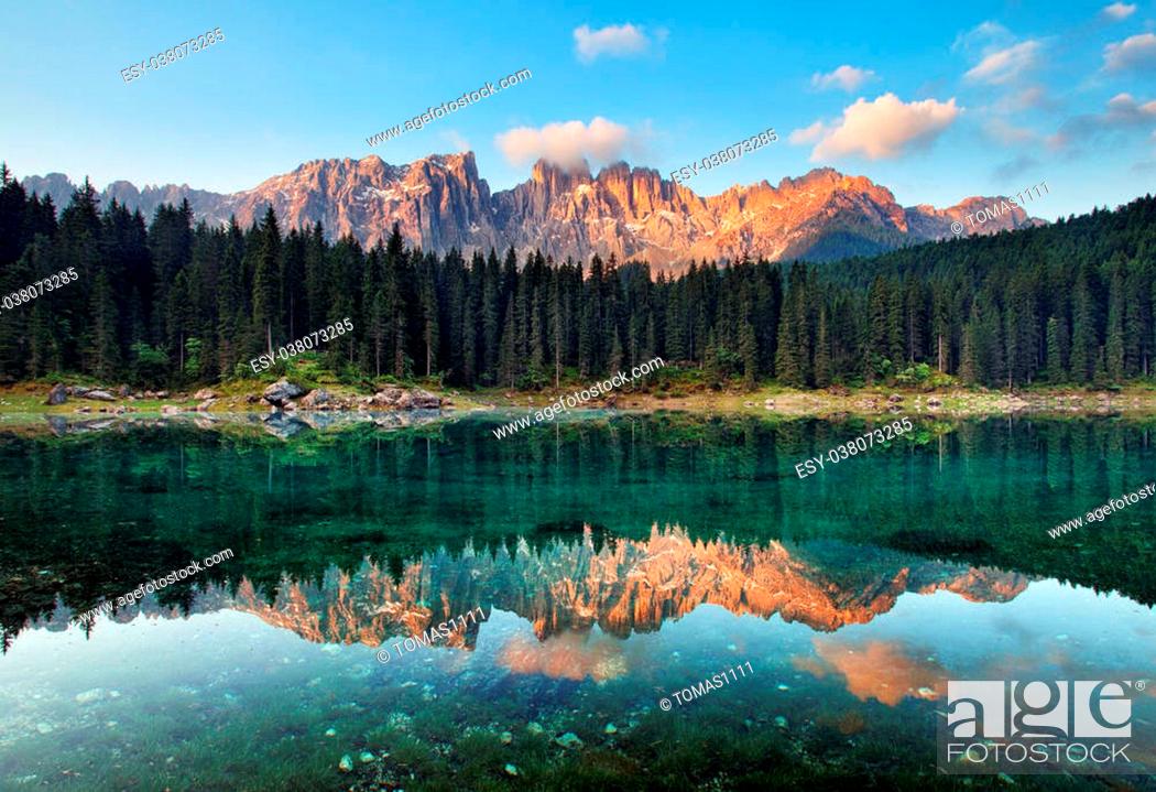 Stock Photo: Lake with mountain forest landscape, Lago di Carezza.